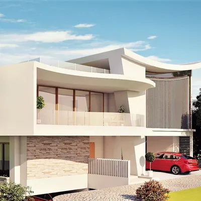 The facade of this home in Thanisandra features dramatic curved roofs and cantilevered balconies. This creates a sense of movement and provides shaded outdoor areas, enhancing the home's modern aesthetic.