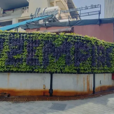 We help businesses stand out with custom-branded green walls. For this restaurant, we designed a living sign using contrasting purple and green plants, creating an unforgettable, eco-friendly facade that welcomes guests.