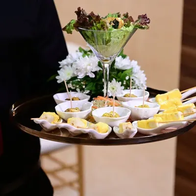 Our servers present elegantly arranged trays of appetizers, ensuring every guest is welcomed with a delicious bite. This tray features a variety of carefully crafted starters, including paneer skewers and salad cups.