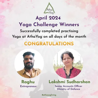 Congratulations to our April 2024 Yoga Challenge winners, Raghu and Lakshmi Sudharshan. Their dedication to practicing every day of the month is truly inspiring.