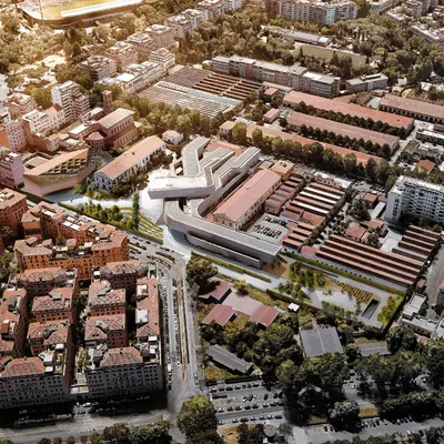 An aerial view of our competition proposal for the MAXXI multifunctional building in Rome. The design integrates with the existing urban fabric and the curvilinear forms of the adjacent Zaha Hadid-designed museum.