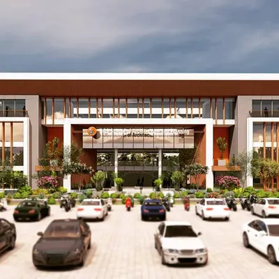The front elevation render for the proposed BGS School of Architecture and Planning. The design presents a symmetrical and imposing facade, communicating the institution's prestige, with extensive glass to create a sense of transparency and connection to the outdoors.