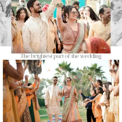 The grand entrance of the couple at their Haldi ceremony. Surrounded by cheering family and a shower of petals, this shot is full of energy and happiness.