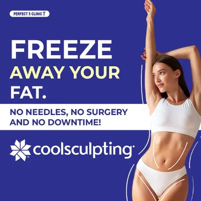 Our CoolSculpting service is designed to freeze away fat cells permanently. This image illustrates the treatment's promise of no needles, no surgery, and no downtime, making it a convenient body sculpting solution.