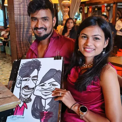 A fantastic couple caricature from a corporate get-together at the 2BHK Diner & Keyclub in Pune. Live drawing is a great icebreaker and adds a dynamic energy to any professional event.