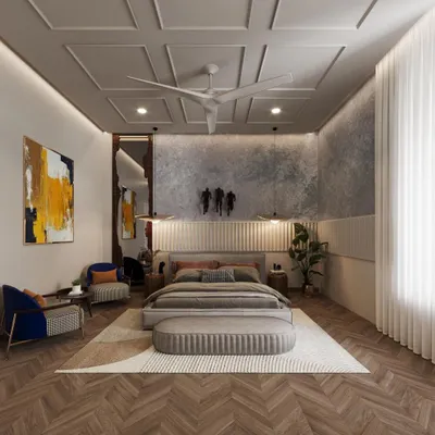 I designed this bedroom to be a masterpiece of modern elegance. The coffered ceiling adds architectural depth, while the textured accent wall, herringbone wood flooring, and curated art create a layered and sophisticated look.