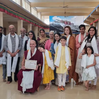 A heartwarming group photo of our community members with Geshe Tenzin Legtsok after his formal Geshe ceremony at Sera Jey Monastery. It was an auspicious occasion for all who attended.