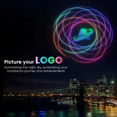 Imagine your company's logo illuminating the night sky over a city skyline. This image shows how we can create a powerful symbol of your brand's journey and achievements for all to see.