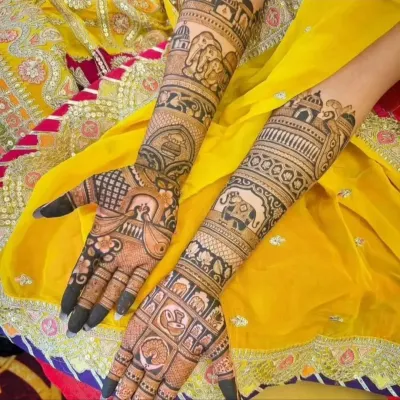 A perfect example of a traditional Rajasthani design, packed with details like elephants, architecture, and fine line work.