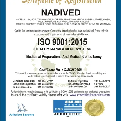 We are proud to be an ISO 9001:2015 certified clinic for Medicinal Preparations and Medical Consultancy. This certification reflects our unwavering commitment to maintaining the highest standards of quality and care.