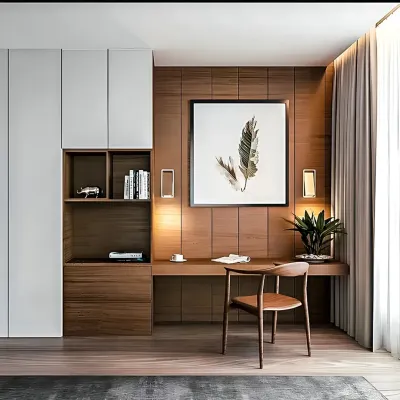 A sophisticated home office nook featuring a built-in desk with a wood-paneled accent wall. The design integrates white, floor-to-ceiling cabinets for ample storage, creating a clean and organized workspace.