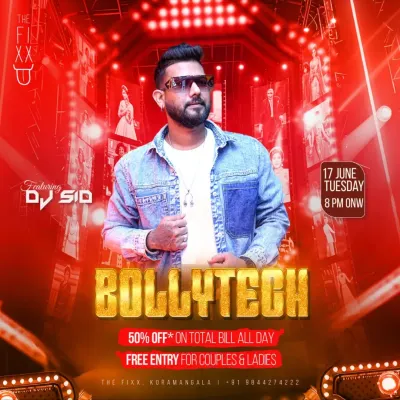 A flyer for one of my Bollytech nights at The Fixx. These events are all about genre-blending beats and futuristic energy.