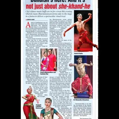 A press clipping from my performance in Chennai. The article discusses the fusion of different Bharatanatyam forms, highlighting my production "Shikhandi" as part of the festival.
