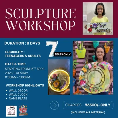 Unleash your creativity in our hands-on Sculpture Workshop, open to both teenagers and adults. Over eight days, you will learn to craft beautiful, functional art pieces like a custom wall clock and a personalized nameplate, with all materials included. It's a wonderful way to de-stress and create something you can be proud of.