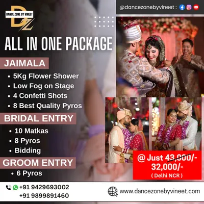 Our all-in-one package covers the three most important entries of your wedding. It includes a flower shower, low fog, and pyros for the Jaimala, a traditional matka and pyro entry for the bride, and a pyro welcome for the groom.