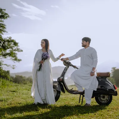 A vintage scooter adds a touch of retro charm to this pre-wedding shoot in the hills. I'm always open to incorporating props that are meaningful to you.