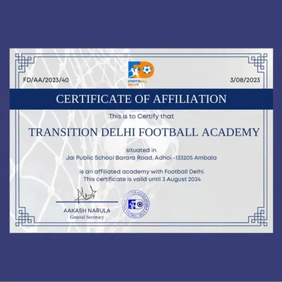 The official Certificate of Affiliation from Football Delhi. This document certifies my academy's status and is valid until August 2024, ensuring we meet the highest standards.