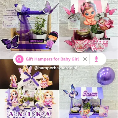 A showcase of our beautiful gift hampers for baby girls, with prices starting from just ₹370.