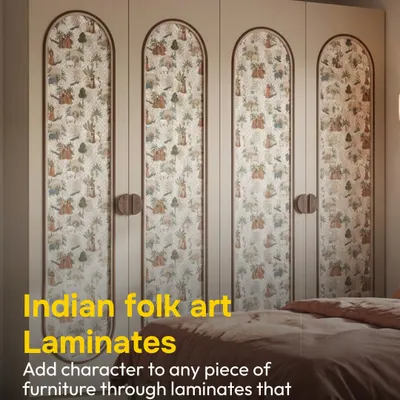 Indian folk art laminates allow you to add character and storytelling to any piece of furniture. This wardrobe features a beautiful laminate with patterns reminiscent of traditional Indian art, turning a simple object into a statement piece.