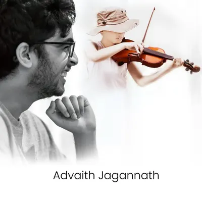 This composite image tells the story of Advaith Jagannath, a gifted young musician who won the BBC Young Composer of the year award. It blends a recent candid shot with an older photo of him as a child with his violin, celebrating his journey.