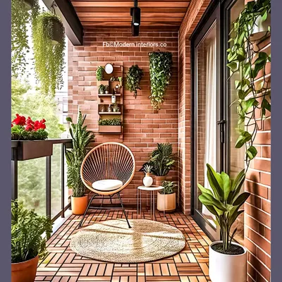 This design has a warm, industrial feel, combining an exposed brick wall with wooden deck flooring. A single modern chair and a jute rug create a simple, inviting spot, proving that you don't need a lot to make a big impact.