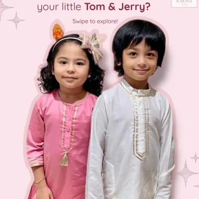 For your little Tom and Jerry, I create coordinated sets that capture their playful energy. This pink kurta for her and classic white for him is just one example of how I customize sibling outfits.