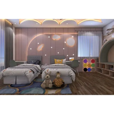 A whimsical shared bedroom for kids, featuring a space-themed wall decal and cozy bedding. The design includes two beds, a shared desk space, and plenty of storage, making it both fun and functional.