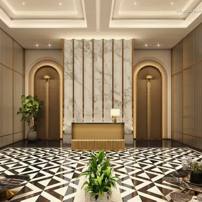 The lift lobby at Empire Tower, where Art Deco grandeur meets modern sophistication. The geometric floor, rich materials, and arched doorways create a timeless and opulent atmosphere, setting the tone for the residences above.