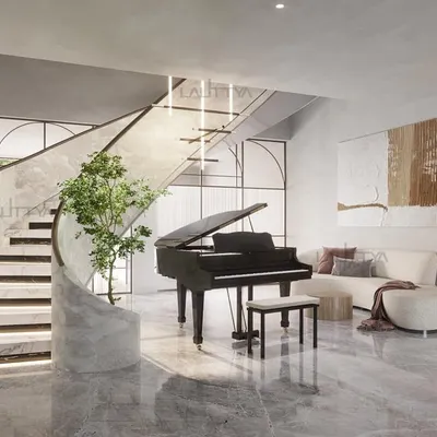 Where architecture becomes art. In this design concept, a grand piano sits at the base of a sculptural marble staircase, turning a transitional space into a focal point of poetry and presence.
