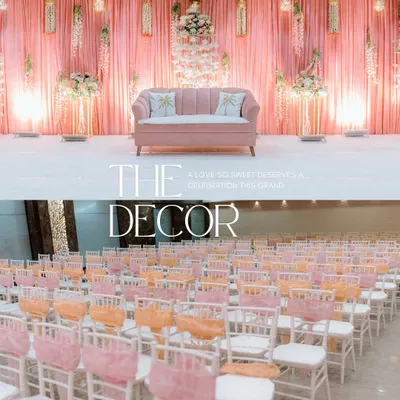 A collage showcasing the beautiful decor of an engagement ceremony, from the elegant stage setup with a pink sofa to the neatly arranged guest seating.