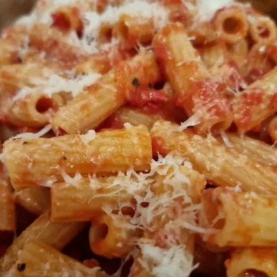 You can't beat a classic. This is Rigatoni Amatriciana, made from a recipe the Italian Consul General himself taught us in our kitchen. It's simple, authentic, and incredibly delicious.