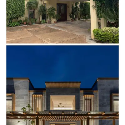 A striking before-and-after comparison of the farmhouse entrance. We transformed the dated portico into a grand, modern entrance with natural stone cladding and a wooden pergola, completely changing the home's character.
