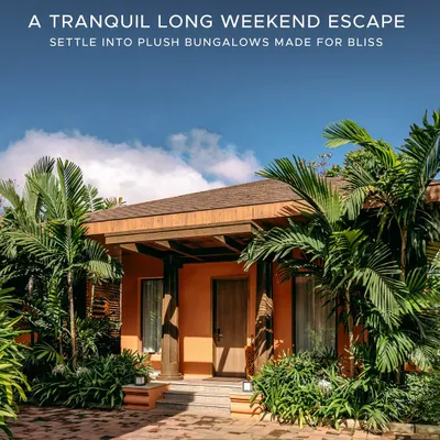 Settle into our plush bungalows, made for blissful escapes. The terracotta-hued exteriors blend seamlessly with the surrounding tropical flora, offering a private and tranquil long weekend retreat.