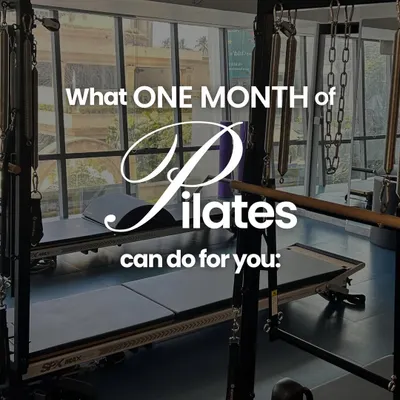 This image sets the stage for what one month of Pilates can do for you, showcasing our clean studio and top-of-the-line reformers.