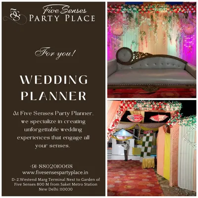 Our wedding planning services are designed to bring your vision to life. This graphic showcases examples of our decor, including an elegant chaise lounge for a reception stage and a colorful, draped entrance for a pre-wedding ceremony, reflecting our attention to detail.
