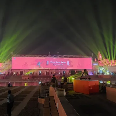 A panoramic view of the Shree Ram Rang Deepotsav in Ayodhya, showcasing the immense scale of our production capabilities. We provided the massive LED video wall, intricate lighting design, and a comprehensive sound system for this historic event.