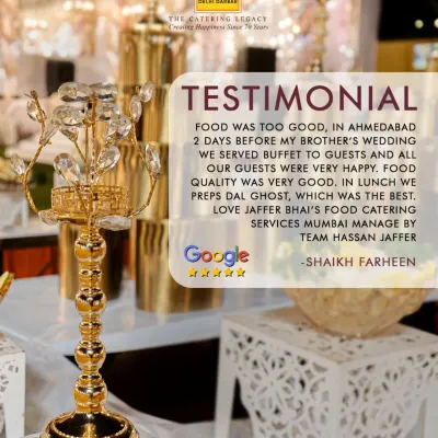 A glowing 5-star Google review from a happy client whose brother's wedding we catered in Ahmedabad. They loved the food quality, especially our Dal Ghost, and the overall happiness of their guests.
