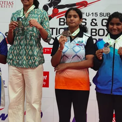 A proud moment on the podium for Ipsa Mehta after winning the bronze medal at the U-15 Girls National Boxing Championship.