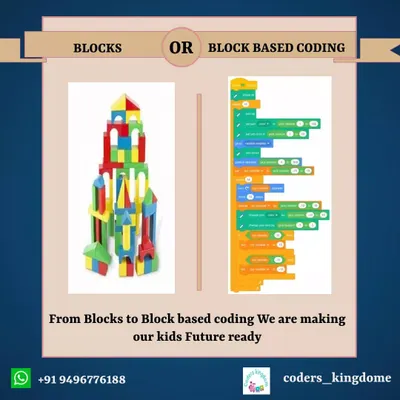 From playing with physical blocks to building with digital ones. This image perfectly illustrates our teaching philosophy: we use the intuitive concept of block based coding to make programming accessible for kids.