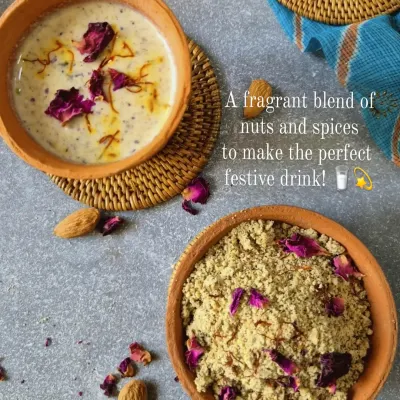 For the festival of Holi, I prepare this homemade Thandai powder. It's a fragrant blend of nuts and spices that you can mix with milk for a perfect festive drink.