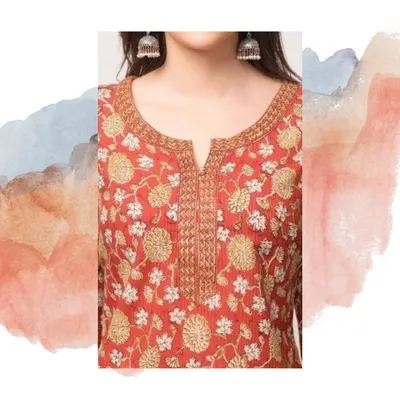 This close-up shows intricate threadwork and embroidery around the neckline of a custom kurti. I can create similar patterns or work with your ideas to add a personal touch of craftsmanship to your garment.