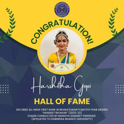 We celebrate the remarkable achievement of our student Harshitha Gopi, who is now in our Hall of Fame for securing the top All India rank in her Bharatanatyam degree examination.
