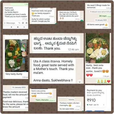 A collection of wonderful messages from customers who ordered my special Bhogi and Sankranti Bhojan. Their appreciation for the homely taste and "mother's touch" means the world to me.