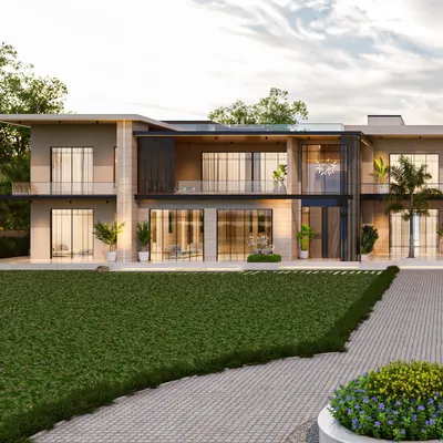This contemporary residence showcases a dynamic facade with layered volumes, sharp edges, and a harmonious mix of glass, stone, and metal. The design balances grandeur with intimacy, creating a striking architectural statement.