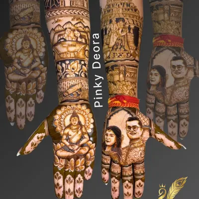 This bridal design was a complete South Indian love story told on two hands. It included portraits of the couple, Lord Shiva, a temple wedding scene, and even a dosa to represent their shared love for the food.