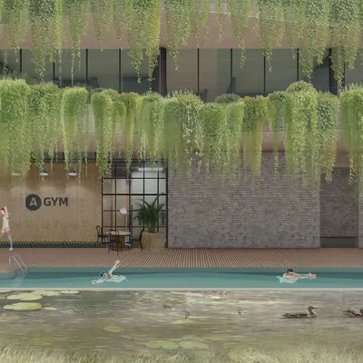 This render shows the accommodation block's pool and gym area, designed as a tranquil retreat. The cascading greenery and bio-pond create a resort-like atmosphere, offering a space for athletes and guests to unwind while staying connected to the campus.