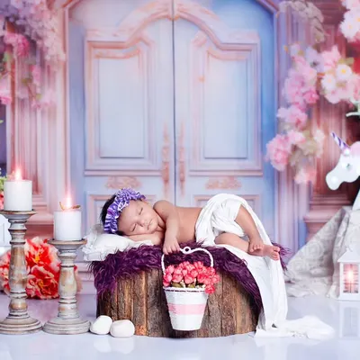 A newborn girl sleeps peacefully on a log, surrounded by a magical floral gate setup. The scene includes a unicorn figure and soft candlelight, creating a fairytale feel.