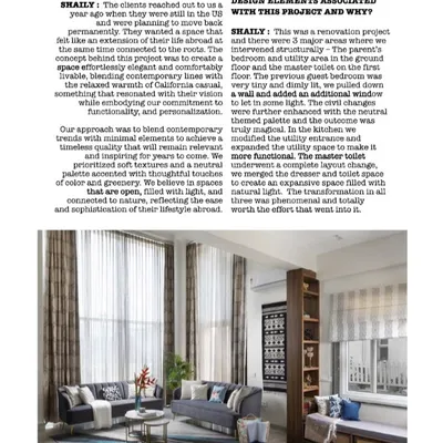 I was so thrilled to see my Project Lakshya featured in Design Essentia magazine. The article highlights my design philosophy of blending contemporary lines with California casual elegance to create timeless, functional, and personalized spaces.