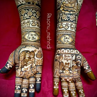 A complete and detailed baby shower design celebrating both parents. I included "Mom To Be" and "Dad To Be" text, portraits, and depictions of deities like Krishna and Lakshmi to shower the family with blessings.