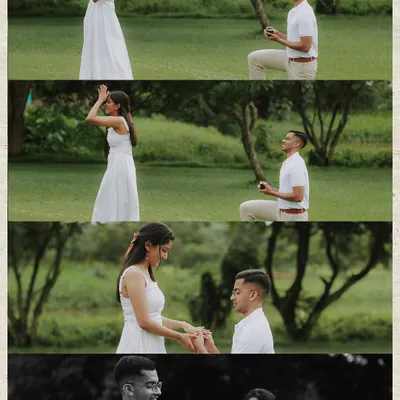 The story of a surprise proposal in four frames. This sequence captures every emotion of Fiona's reaction to Austin's proposal, from shock to pure joy, culminating in her showing off the ring. It’s a beautiful narrative of a life-changing moment.